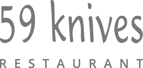 Gray logo of 59 Knives Restaurant with stylized text, representing a dining establishment.