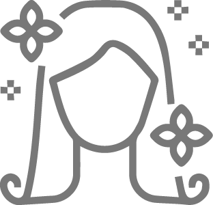 Gray icon of a woman's face with floral decorations, representing beauty or self-care.