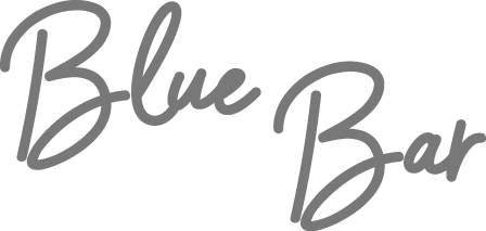 Gray script logo of Blue Bar, representing a bar or lounge.