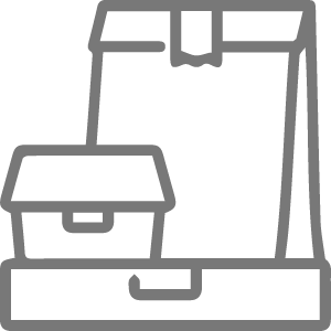 Gray icon of packaged items and bags, representing delivery or takeaway services.