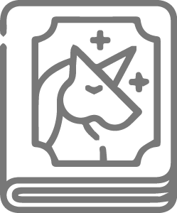 Gray icon of a book with a unicorn on the cover, representing fantasy or storytelling.