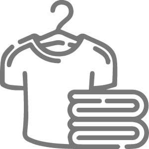 Gray icon of a shirt on a hanger next to folded towels, representing laundry or housekeeping services.