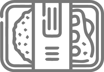 Gray icon of a meal container with a fork in the center, representing packaged food or takeaway.