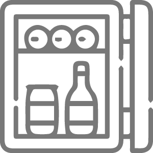 Gray icon of a minibar with beverages, representing in-room refreshments.