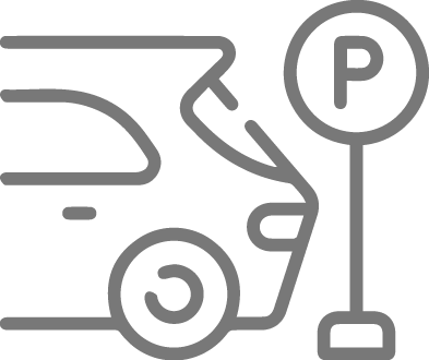 Gray icon of a car parked next to a 'P' parking sign, representing parking availability.