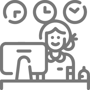 Gray icon of a receptionist at a desk with clocks on the wall, representing front desk or customer service.