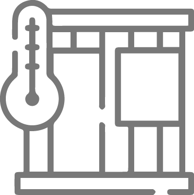 Gray icon of a sauna or spa setup with a thermometer, representing wellness facilities.