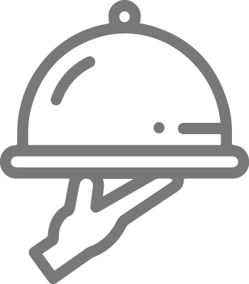 Gray icon of a serving hand holding a cloche, representing restaurant or catering services.