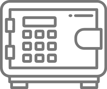 Gray icon of a safe with a keypad, representing secure storage or valuables protection.
