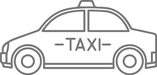 Gray icon of a taxi with the word 'TAXI' on its side, representing transportation services.