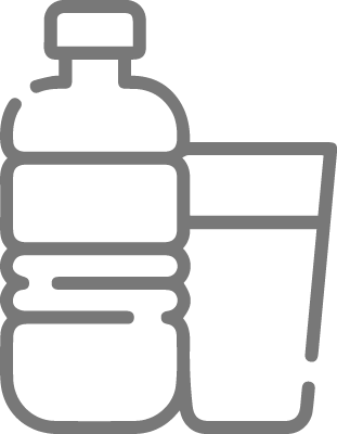 Gray icon of a water bottle and a glass, representing hydration or refreshments.